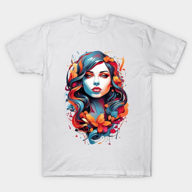 Women with Flowers in Her Hair: Blooming Beauty - Colorful T-Shirt by RhaNassim ★★★★★